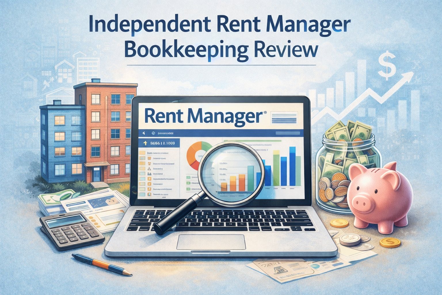 Illustration of an independent Rent Manager bookkeeping review with financial reports, a calculator, and a magnifying glass